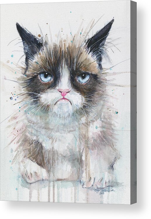 Watercolor Acrylic Print featuring the painting Grumpy Cat Watercolor Painting by Olga Shvartsur