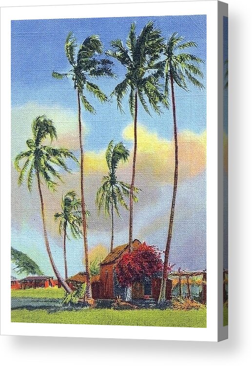 Hawaii Acrylic Print featuring the painting Hawaii, traditional cottage with palms over blue sky by Long Shot