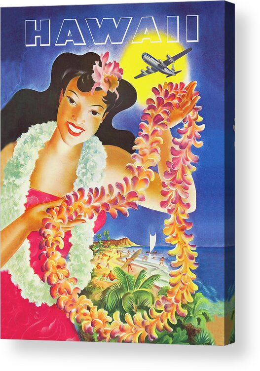 Hula Girl Acrylic Print featuring the painting Hula Girl with exotic flower wreath, airline vintage poster by Long Shot