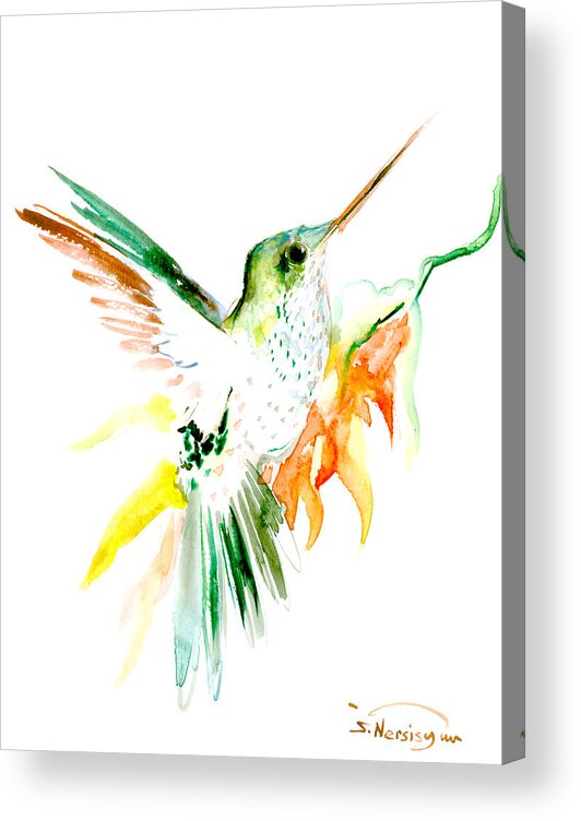 Green Red Acrylic Print featuring the painting Hummingbird Green orange red by Suren Nersisyan