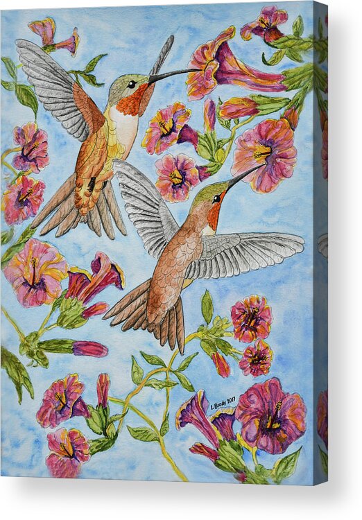 Linda Brody Acrylic Print featuring the painting Hummingbirds and Hibiscus II by Linda Brody
