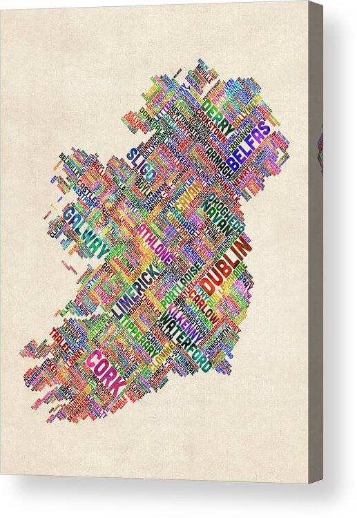 Ireland Map Acrylic Print featuring the digital art Ireland Eire City Text Map Derry Version by Michael Tompsett