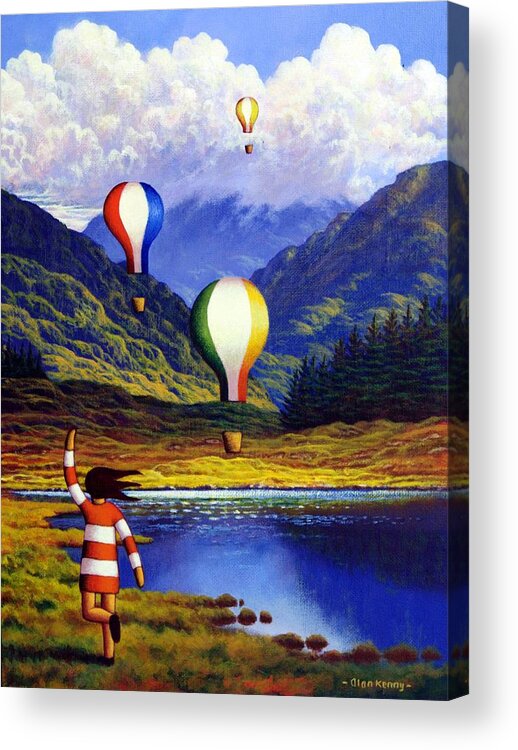 Irish Acrylic Print featuring the painting Irish Landscape With Girl And Balloons By Lake by Alan Kenny