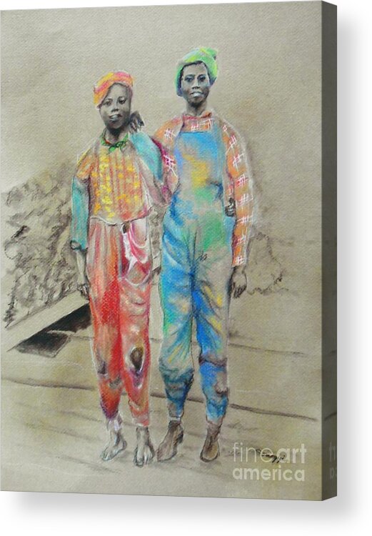 African-american Boys Acrylic Print featuring the drawing Kickin' It -- Black Children from 1930s by Jayne Somogy