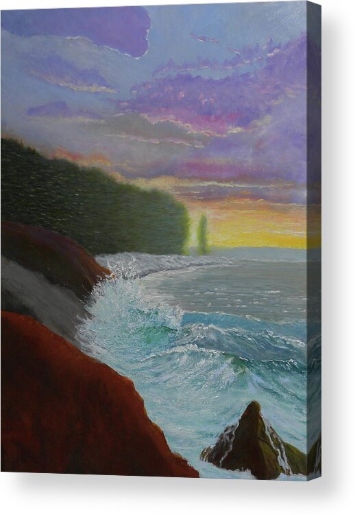 La Verna Muscongus Bay Sunrise Seascape Waves Rocks Forrest Clouds Ocean Maine Acrylic Print featuring the painting La Verna Sunrise by Scott W White