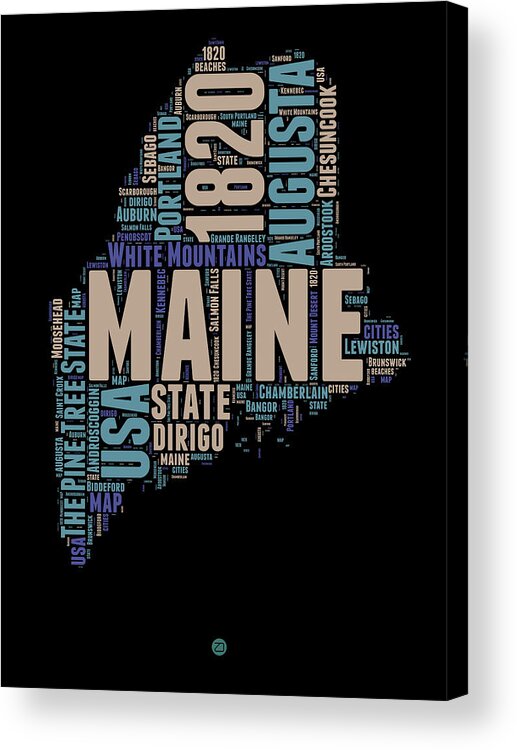 Maine Acrylic Print featuring the digital art Maine Word Cloud 1 by Naxart Studio