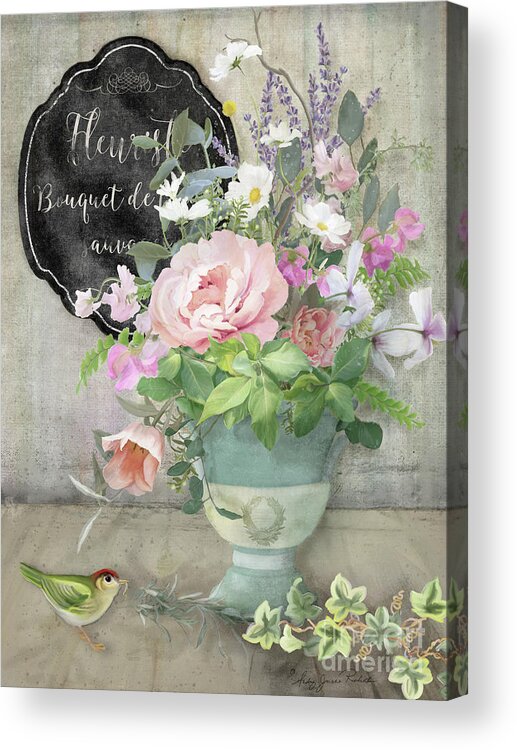 Marche Aux Fleurs Acrylic Print featuring the painting Marche aux Fleurs 3 Peony Tulips Sweet Peas Lavender and Bird by Audrey Jeanne Roberts