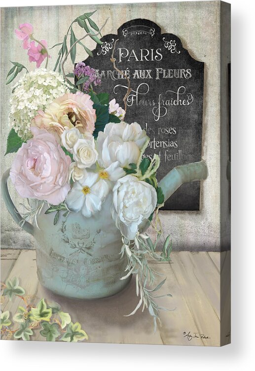Watering Can Acrylic Print featuring the painting Marche Paris Fleur Vintage Watering Can with Peonies by Audrey Jeanne Roberts