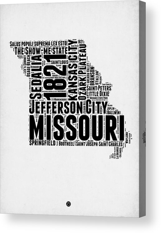 Missouri Acrylic Print featuring the digital art Missouri Word Cloud Map 2 by Naxart Studio