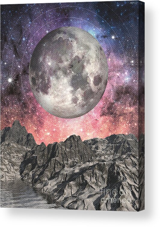 Moon Acrylic Print featuring the digital art Moon Over Mountain Lake by Phil Perkins