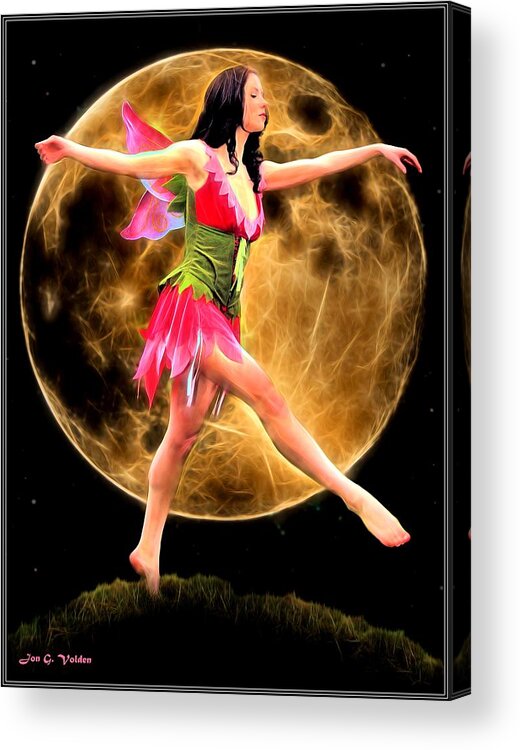 Fantasy Acrylic Print featuring the painting Moonlight Stroll Of A Fairy by Jon Volden