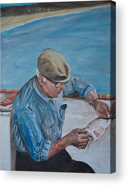  Male Portrait Acrylic Print featuring the painting Morning Paper in Portugal by Chuck Gebhardt