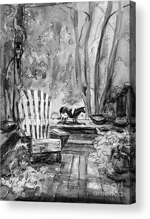 Black And White Acrylic Print featuring the painting My Front Deck in BW by Gretchen Allen