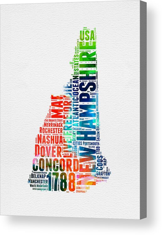  Acrylic Print featuring the digital art New Hampshire Watercolor Word Map by Naxart Studio