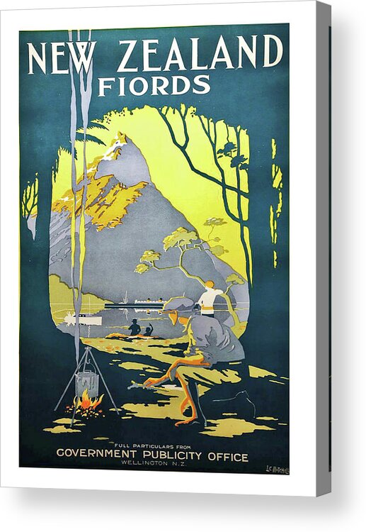New Zealand Acrylic Print featuring the digital art New Zealand, Fiords, vintage travel poster by Long Shot