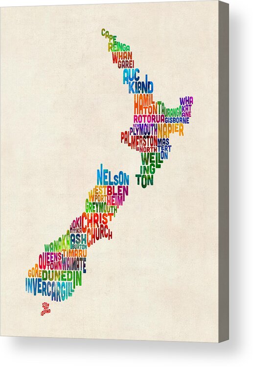 New Zealand Map Acrylic Print featuring the digital art New Zealand Typography Text Map by Michael Tompsett