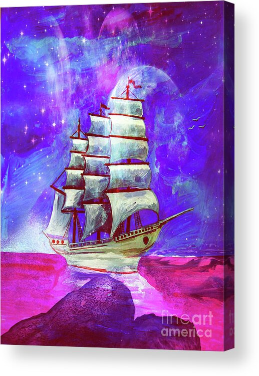 Sea Acrylic Print featuring the digital art On the Sea At Sunset by Digital Art Cafe