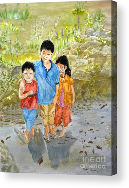 Onion Farm Children Acrylic Print featuring the painting Onion Farm Children Bali Indonesia by Melly Terpening