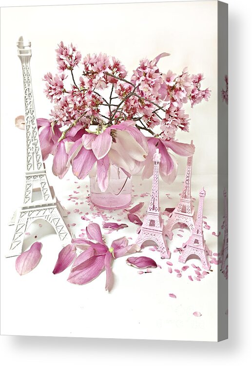 Paris Acrylic Print featuring the photograph Paris Eiffel Tower Spring Magnolia Flower Blossoms - Paris Pink White Spring Blossoms by Kathy Fornal