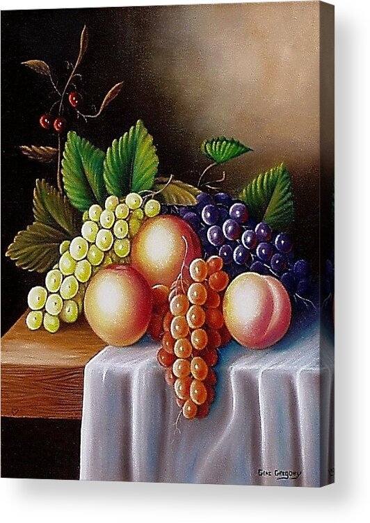 Still Life Acrylic Print featuring the painting Peaches and grapes by Gene Gregory