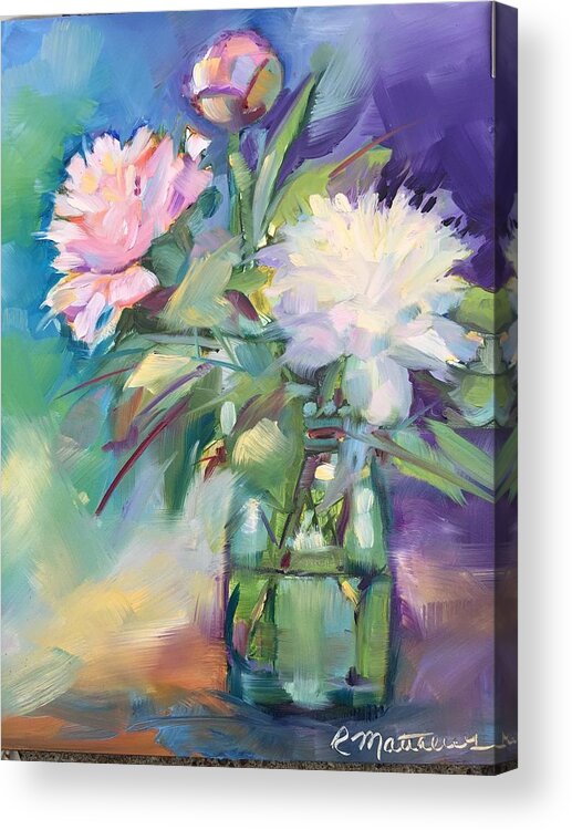 Peonies Acrylic Print featuring the painting Peonies in jar by Rebecca Matthews