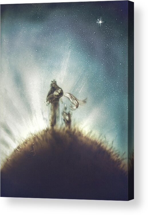 The Little Prince Acrylic Print featuring the painting Pilot, Little Prince and Fox by Elena Vedernikova