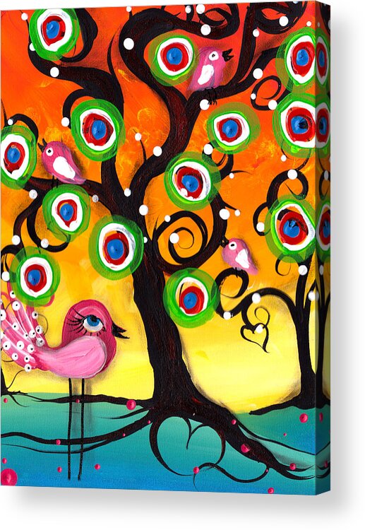 Abril Andrade Acrylic Print featuring the painting Pink Birds on a Tree by Abril Andrade