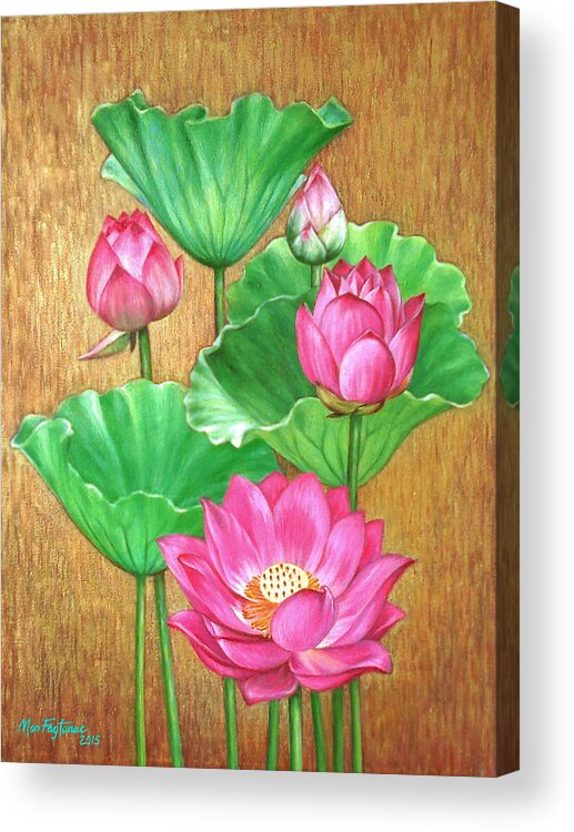 Acrylic on Canvas Red and Gold Lotus Flowers
