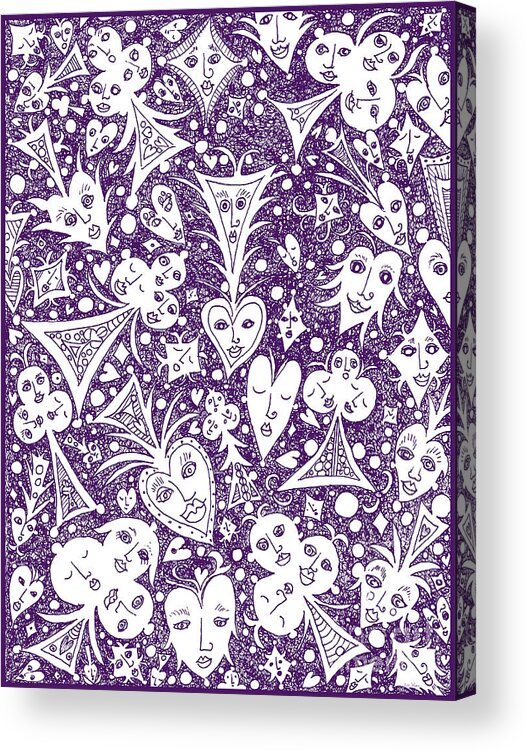 Lise Winne Acrylic Print featuring the drawing Playing Card Symbols with Faces in Purple by Lise Winne