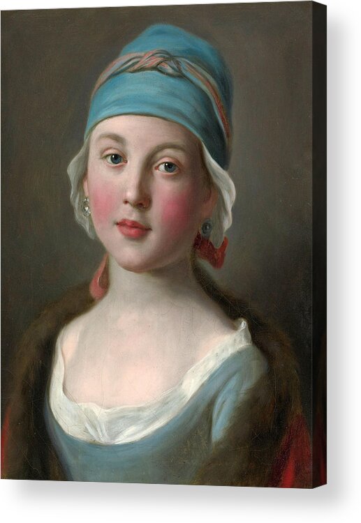 Portrait Of A Russian Girl In A Blue Dress And Headdress Acrylic Print featuring the painting Portrait of a Russian Girl in a Blue Dress and Headdress by Pietro Rotari