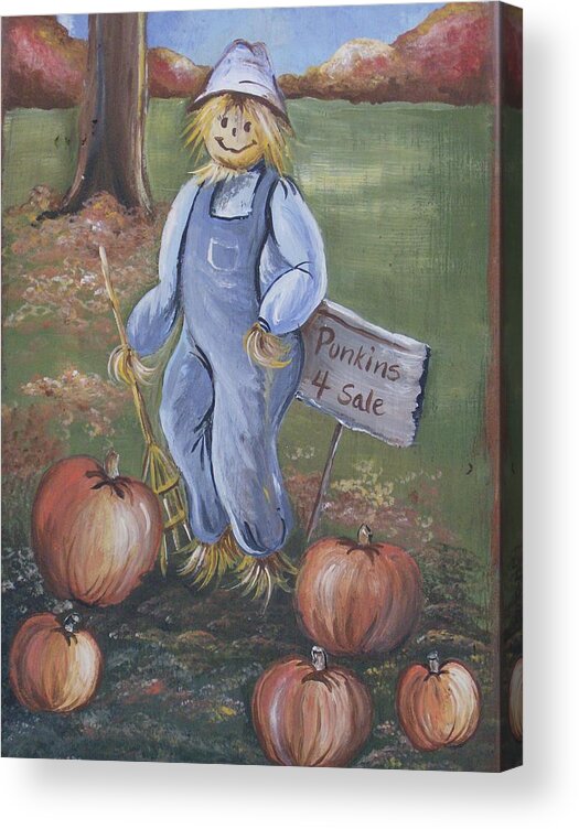 Scarecrows Acrylic Print featuring the painting Punkins for Sale by Leslie Manley