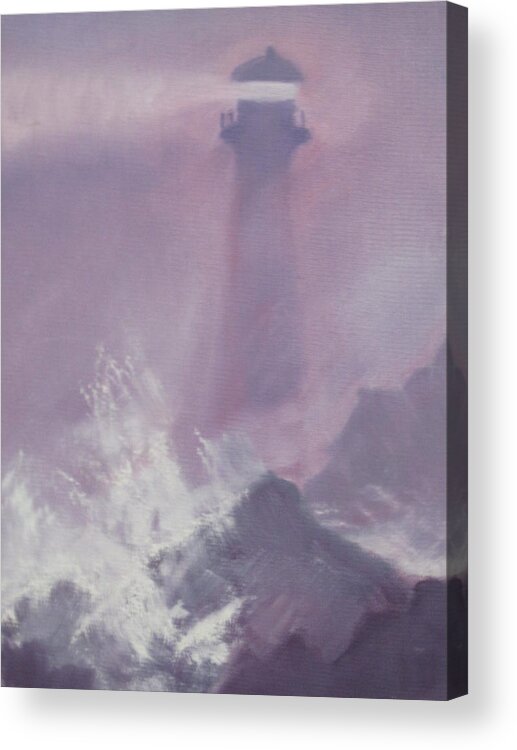 Abstract Lighthouse Storm Waves Water Rocks Purple Oil Acrylic Print featuring the painting Purple Storm by Sharyn Winters
