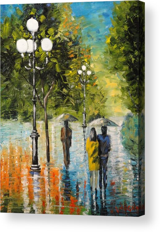 People Acrylic Print featuring the painting Rainy Day in the Park by Charles Vaughn