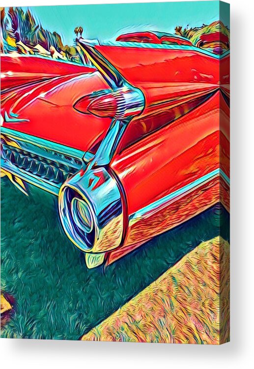 Red Acrylic Print featuring the photograph Red Cadillac tail fin by Dina Calvarese