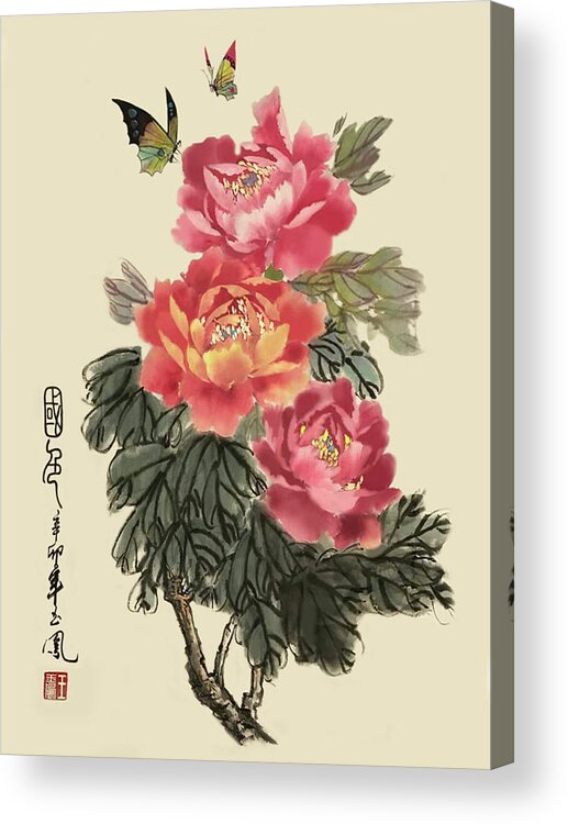 Red Peonies Acrylic Print featuring the painting Red Peonies by Yufeng Wang