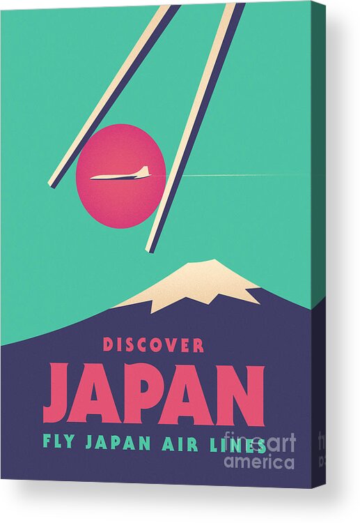 Japan Acrylic Print featuring the digital art Retro Japan Mt Fuji tourism - Green by Organic Synthesis