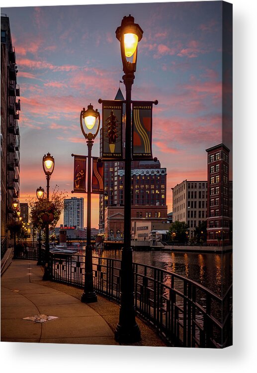 Milwaukee Downtown Acrylic Print featuring the photograph Riverwalk at Sunset by Kristine Hinrichs