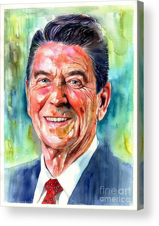 Ronald Acrylic Print featuring the painting Ronald Reagan watercolor by Suzann Sines