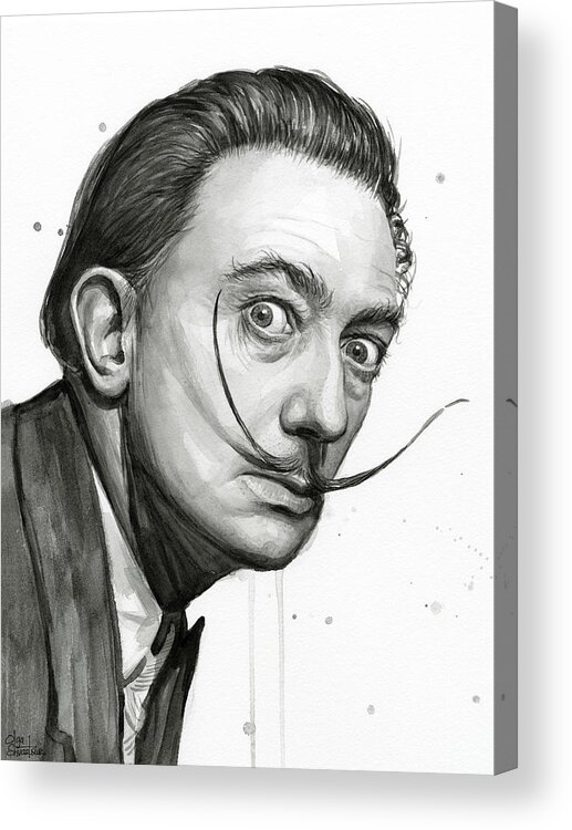 Salvador Dali Acrylic Print featuring the painting Salvador Dali Portrait Black and White Watercolor by Olga Shvartsur