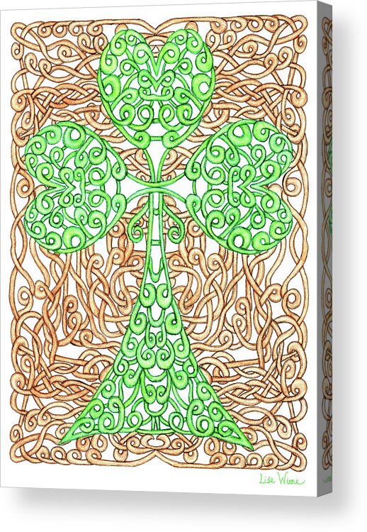 Lise Winne Acrylic Print featuring the drawing Shamrock with Knotted Background by Lise Winne
