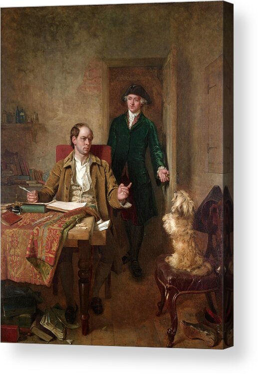 John Faed Acrylic Print featuring the painting Sir Joshua Reynolds Visiting Goldsmith in his Study by John Faed