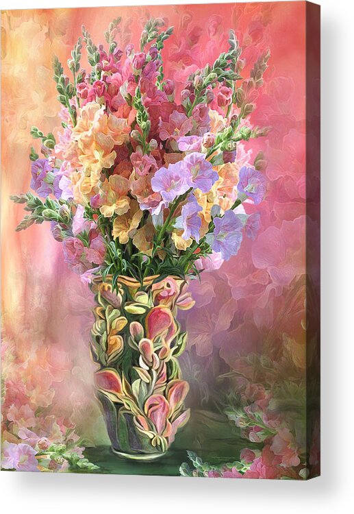 Carol Cavalaris Acrylic Print featuring the mixed media Snapdragons In Snapdragon Vase by Carol Cavalaris