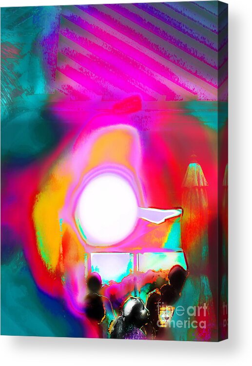  The Last Rays Of The White Hot Sun Descend And Are Caught Inside A Building Overlooking The Water Were Many Are There To Celebrate Days End .the Colors Generated Are Extreme.in The Presence Of The Setting Sun Are People Acrylic Print featuring the photograph Sol Voyers by Priscilla Batzell Expressionist Art Studio Gallery