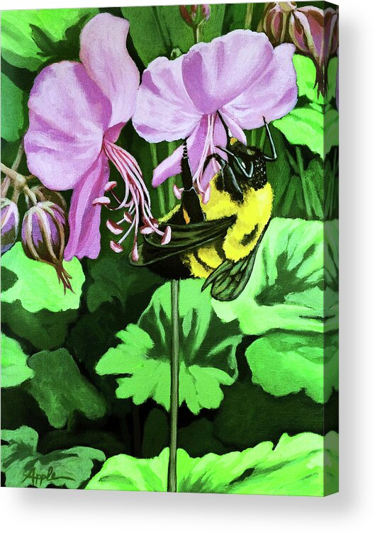  Painting Acrylic Print featuring the painting Summer Garden BUMBLEBEE and Flowers nature painting by Linda Apple