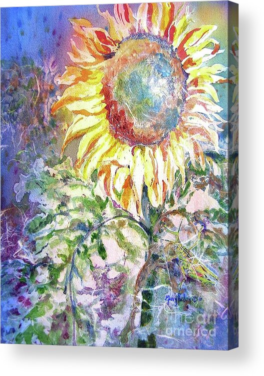 Sunflower Acrylic Print featuring the painting Sunflower and Grasshopper by Mary Haley-Rocks