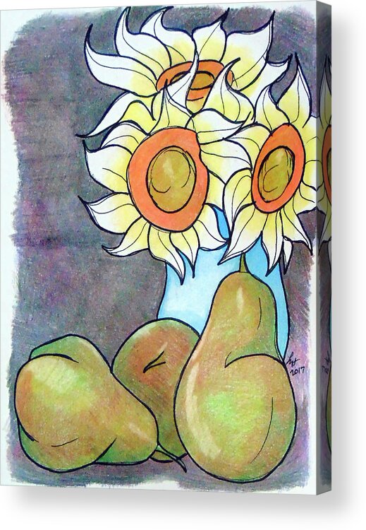 Sunflowers Acrylic Print featuring the drawing Sunflowers and pears by Loretta Nash