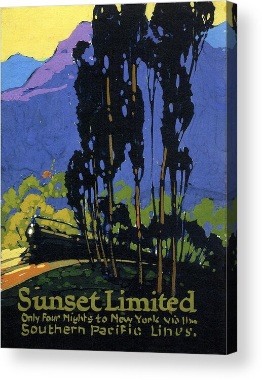 Landscape Painting Acrylic Print featuring the painting Sunset Limited - Steam Engine Locomotive through the forest highlands - Vintage Railroad Advertising by Studio Grafiikka