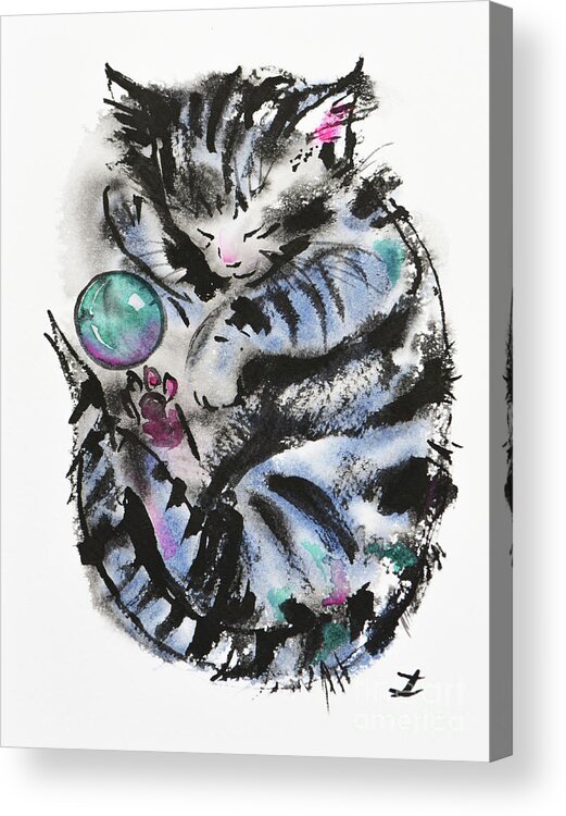 Cat Acrylic Print featuring the painting Tabby Dreams by Zaira Dzhaubaeva