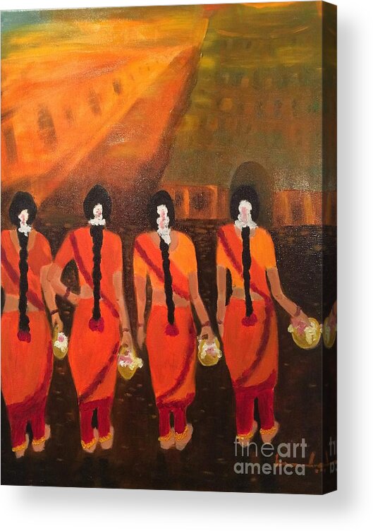 Temple Dancers Acrylic Print featuring the painting Temple Dancers by Brindha Naveen