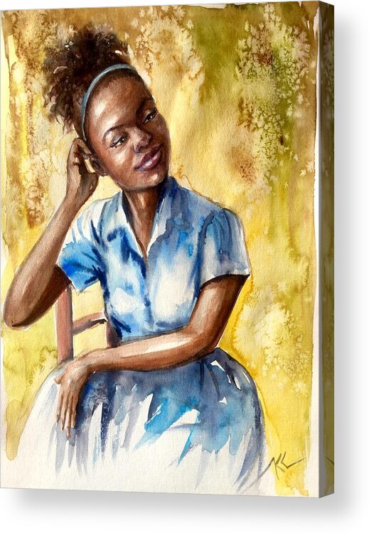 A Girl Acrylic Print featuring the painting The girl with the blue dress by Katerina Kovatcheva